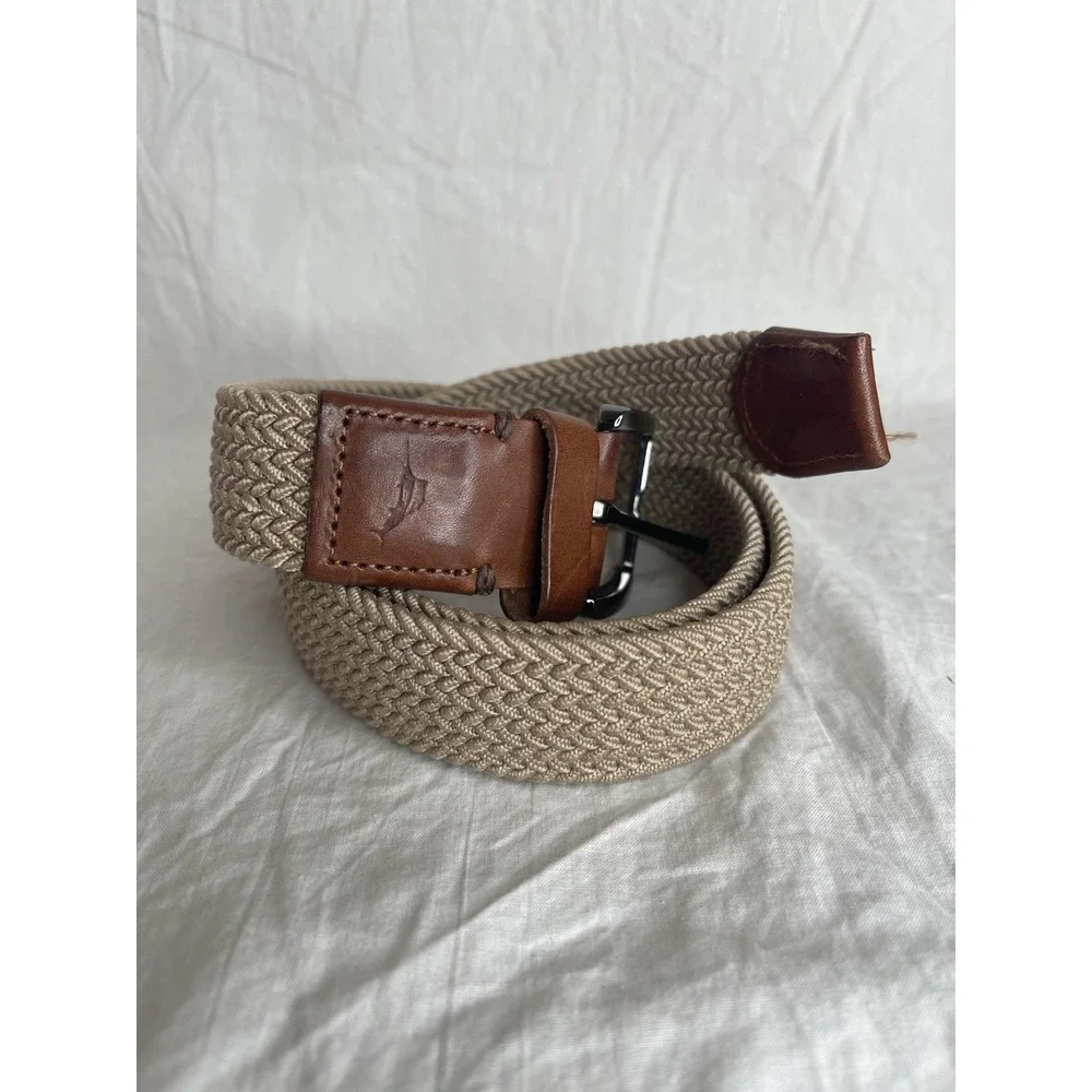 Tommy Bahama Two-Tone Stretch Webbed Belt Size: S/M Khaki 100% Leather Trim